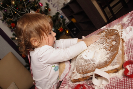 children in an apron are cooking gingerbread cookies in the kitchenの写真素材