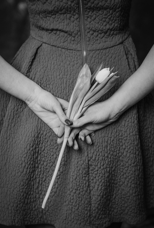 girl in a dress holds a flower tulip behind her backの写真素材