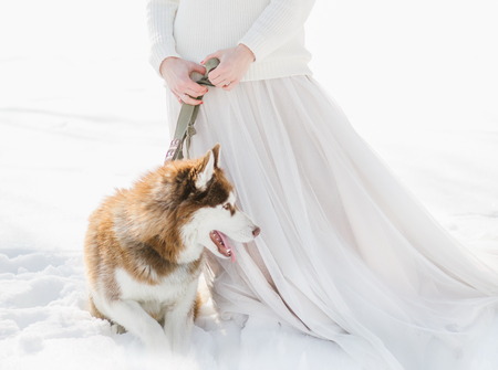 woman in dress with two dogs husky winter snow forestの写真素材