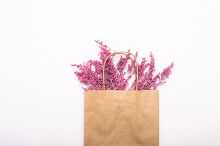 greeting card poster with lilac flowers in craft envelope isolatedの写真素材