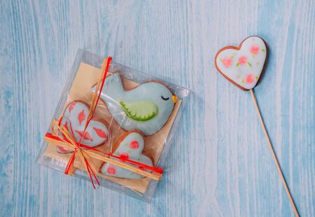 romantic greeting card set for little birds in love and heart blue background textureの写真素材