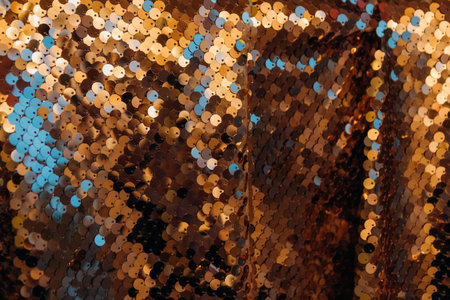 Gold sequin fabric shiny glitter background with drapery for parties and events