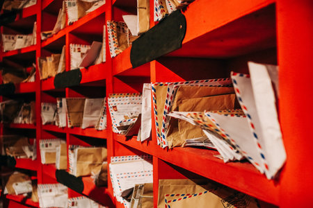 red bookcase in santa claus residence with children letters in envelopes