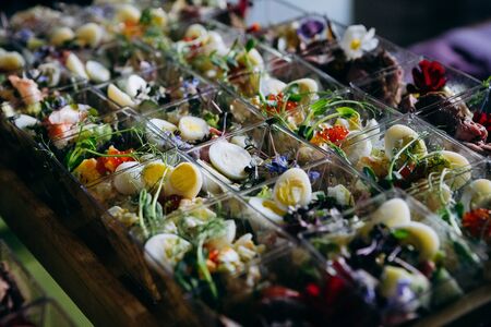 variety of food snacks sandwiches a lot on the table a festive partyの写真素材