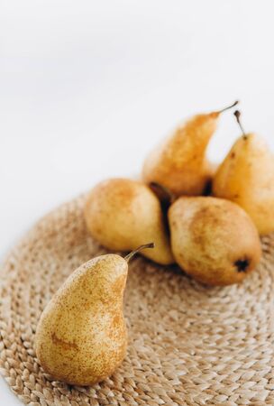 pears group ripe food fruit empty space yellow on a white backgroundの写真素材