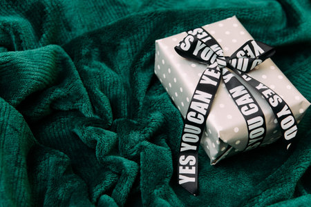 yes you can ribbon with the inscription black white lifestyle gift box green velvet plaid drapery