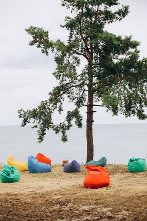 poufs multi colored on the seashore and one tree and sendの写真素材