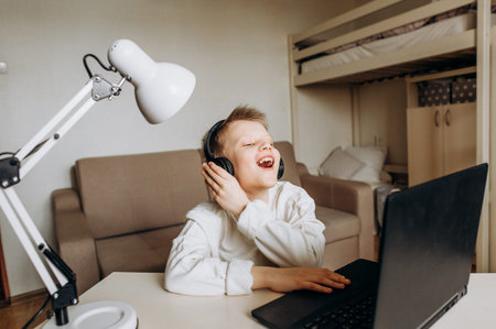 child laugh home school quarantine online technology internet entertainment virus mode health...