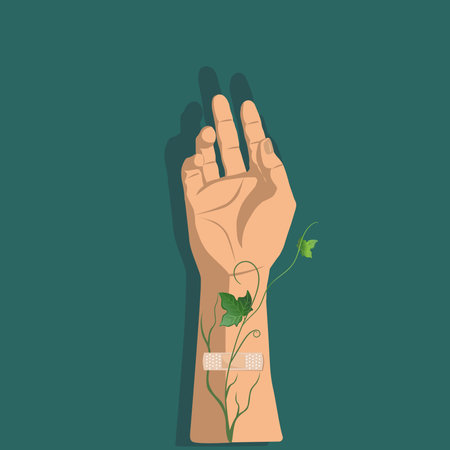 Hand of the person with plaster and veins and green leafsのイラスト素材