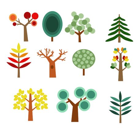 collection of cartoon different trees set on a white backgroundのイラスト素材