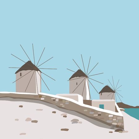 Windmill on blue sky background in Mykonos island landscape Greece travelのイラスト素材