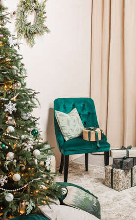 christmas holidays home interior simple exquisite rustic style green beigeの写真素材