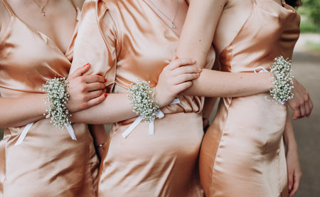 three bridesmaids in matching dresses gold silk style and flowers on the wristの写真素材