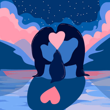 cute cartoon penguins family with baby in nordic landscape with love symbol Valentines Day and family conceptのイラスト素材