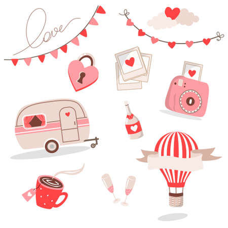 love set postcard vector with heart in the clouds champagne romantic travel balloon trailer padlock checkboxesのイラスト素材