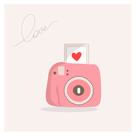 Romantic photocamera Retro photocamera with photocards in pink color Honeymoon Travel romantic Valentines day Loveのイラスト素材