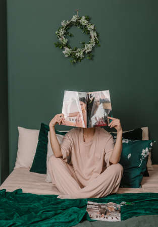 woman in pajamas spring concept home interior green style parisの写真素材
