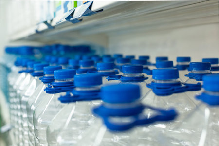 many bottles for water with a lid and a handle standing in a row on the display case