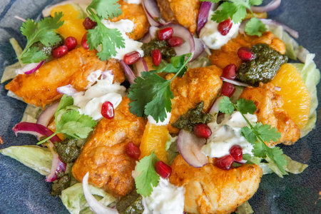 restaurant dish fried chicken fillet with onions sprinkled with pomegranate seeds pesto and tartar sauces and orange slicesの写真素材