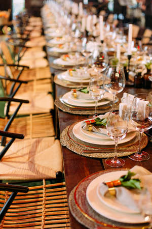 new year table decor in a restaurant festive party bright detailsの写真素材