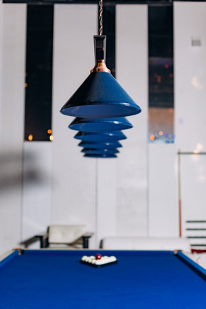 billiards blue table balls cue game sport bar pendant lightsの写真素材