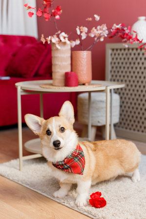 pet girl corgi play with rose flower inside the houseの写真素材