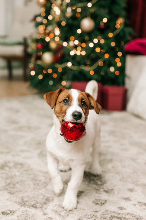 pet jack russell having fun with christmas symbols inside the houseの写真素材