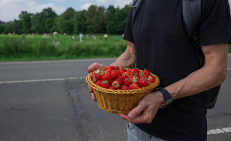 harvest strawberries field collect in a basket close up self service