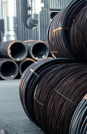 rolled metal steel rod in rolls in a warehouse industry productionの写真素材