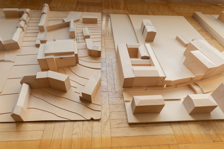 layout of a city block wooden tabletop overview of detailsの写真素材