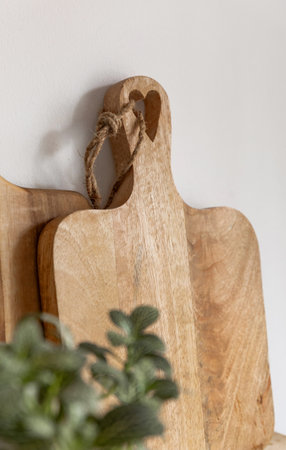 cutting board pot plant light wooden texture eco friendlyの写真素材