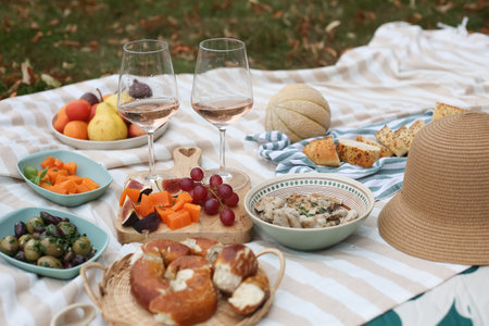 Picnic blanket with a glass of rosÃ© wine, surrounded by fresh fruits, cheese, bread, and snacks in a park. Relaxed summer lifestyle, outdoor dining, and leisure concept.の写真素材