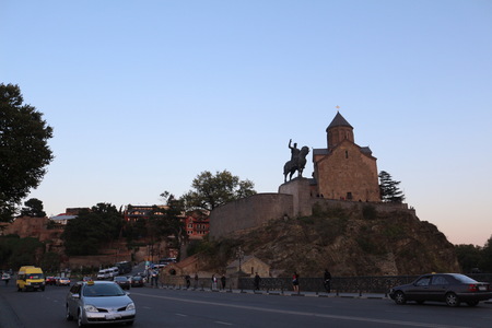 The View Of Metekhi Church And Equestrian Statue Of King Vakhtang Gorgasali In Tbilisiのeditorial素材