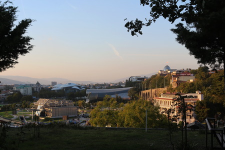 Panoramic View Of Europe Square In Tbilisi WithThe dome Of Avlabari Residence And The Aerial Tramway Station In The backgroundのeditorial素材
