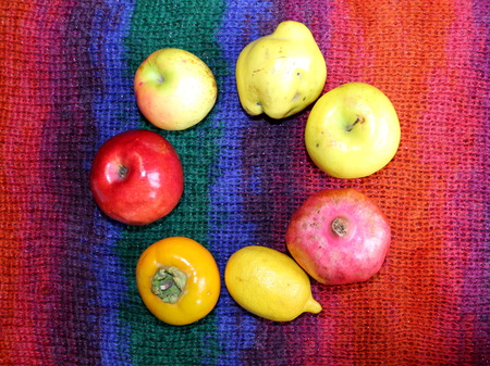 Autumn still life with some fruit on a warm colorful scarfの写真素材