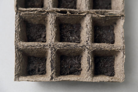An empty box for seedlings made of peat with earth. Containers for planting in the garden.