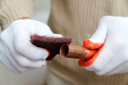 A worker is rubbing the end of the copper tube to remove the oxidized layer.