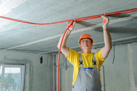 An electrician is fixing an electric corrugated tube to the ceiling.