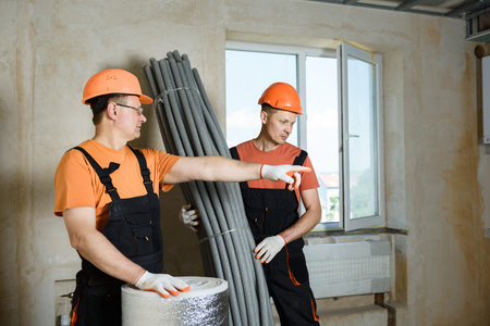 Workers with thermal insulation for the floor and pipes of the home heating system.の写真素材