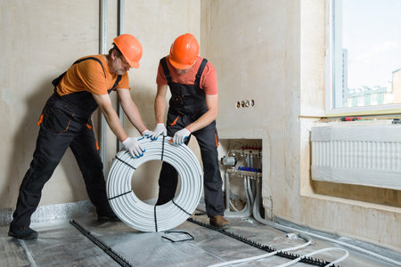Workers are installing a pipe for the warm floor in the apartment. They are unpacking the tubes.