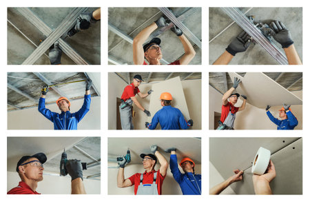 Collage of photos of construction work. Installing drywall ceiling and wall.の写真素材