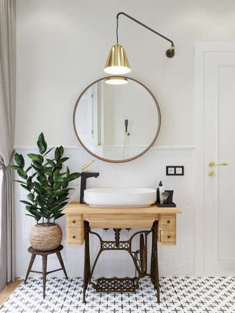 Bathroom interior. Washbasin on a sewing machine cabinet. 3D render.の写真素材