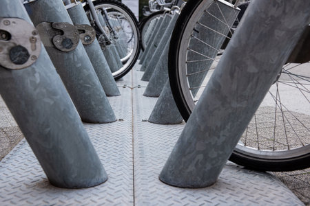 Bicycle parking with metal racks for locking the bike.の写真素材