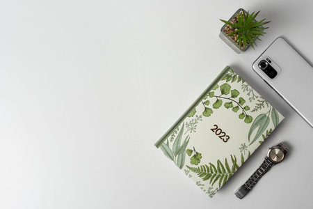 A notebook, a plant, a smartphone and a wristwatch on a light background. top view. copyspace.