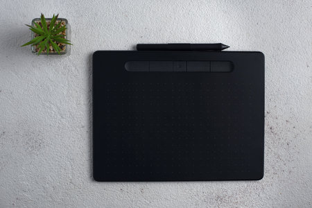 The graphic tablet with a stylus on a white background. There is a plant in a glass pot nearby.