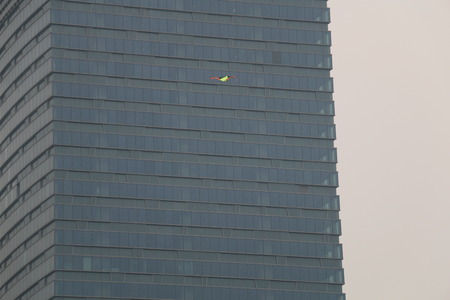 Kite flying across the tall buildingのeditorial素材