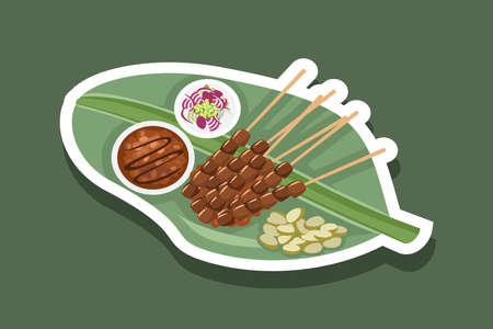 Indonesian traditional food Sate Ayam (chicken satay) with lontong (rice cake) vector illustrationのイラスト素材