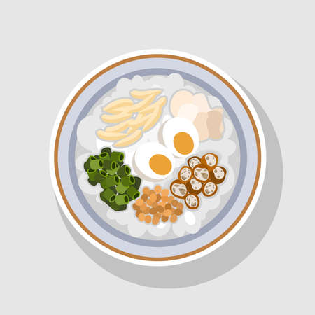 bubur ayam (chicken porridge), Indonesian traditional food with peanut, slice fried tofu, boiled egg and krupuk (prawn crackers) vector illustrationのイラスト素材