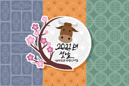 Translation: 2021, New Year, Happy New Year. Happy New Year (Seollal) 2021 year of the Ox vector illustration. Suitable for greeting card, poster and banner.のイラスト素材