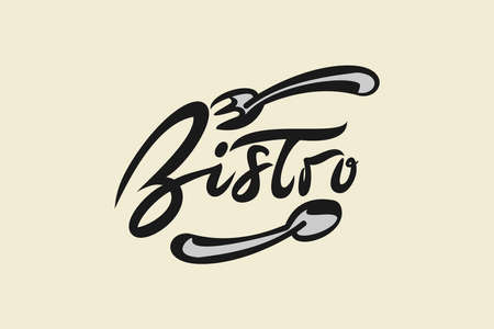 Bistro cafe vector logo badge with hand written modern calligraphy. Vector Illustration logo with spoon and fork.のイラスト素材